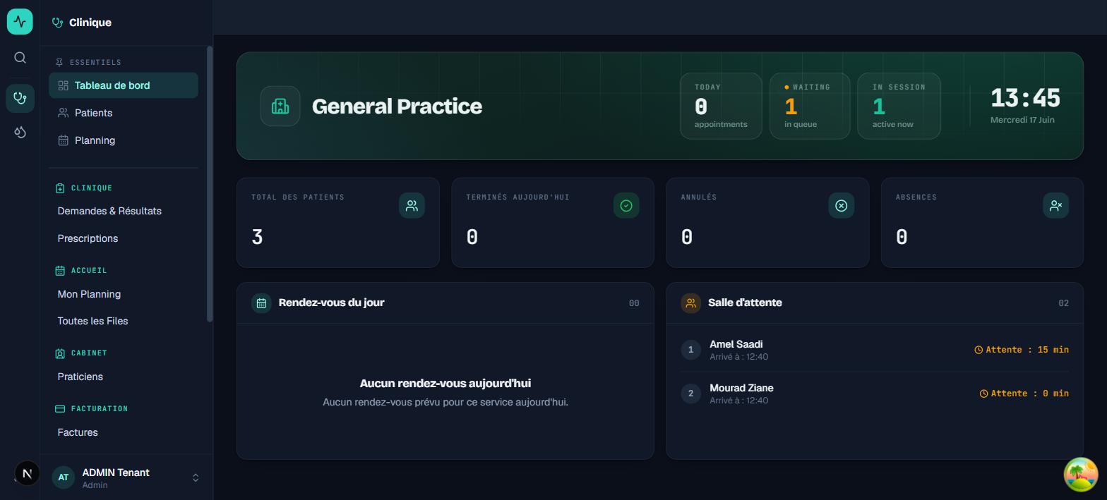 Tableau de bord du cabinet : rendez-vous du jour, salle d'attente, patients en file, recettes